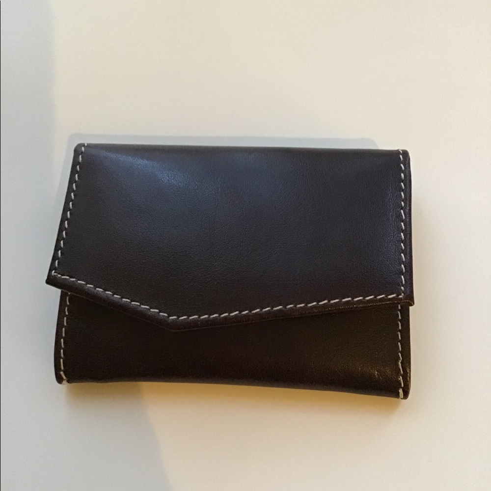 Leather card holder and coins.